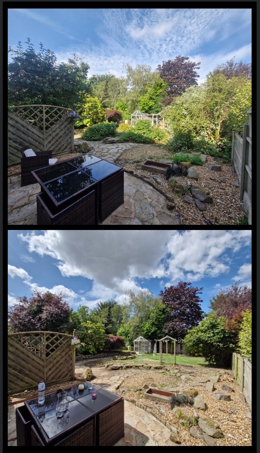 Before and after of a rear garden rockery and patio cleared, pruned and tidied