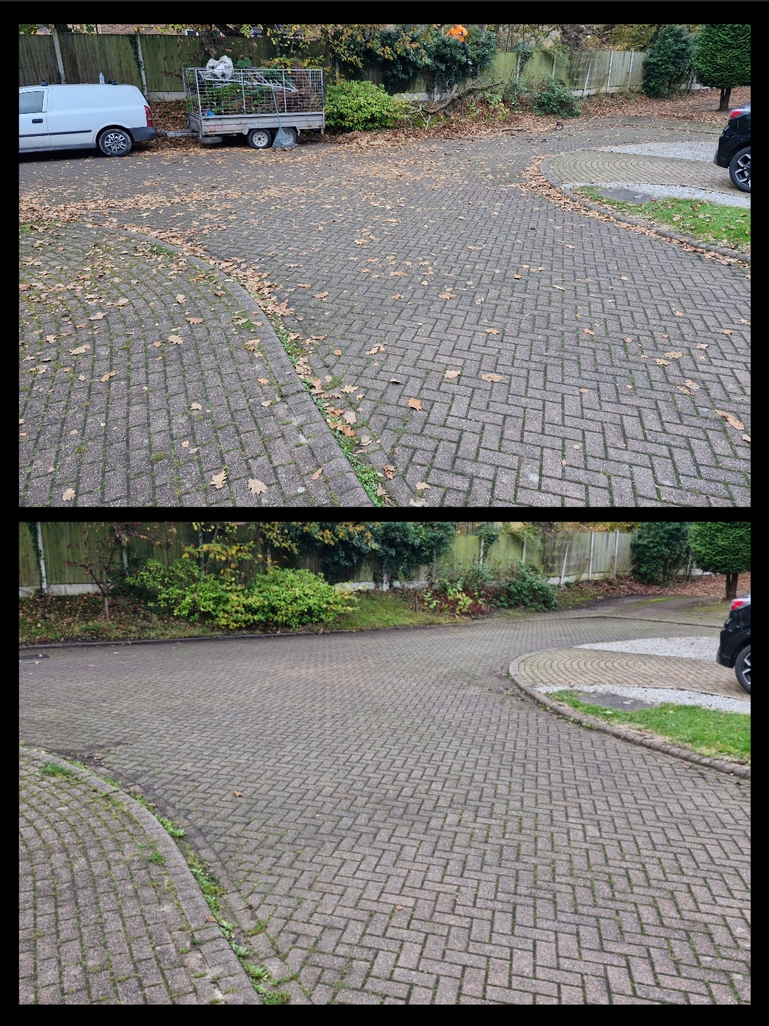 Before and after of a shared block-paved driveway cleared of leaves and green waste